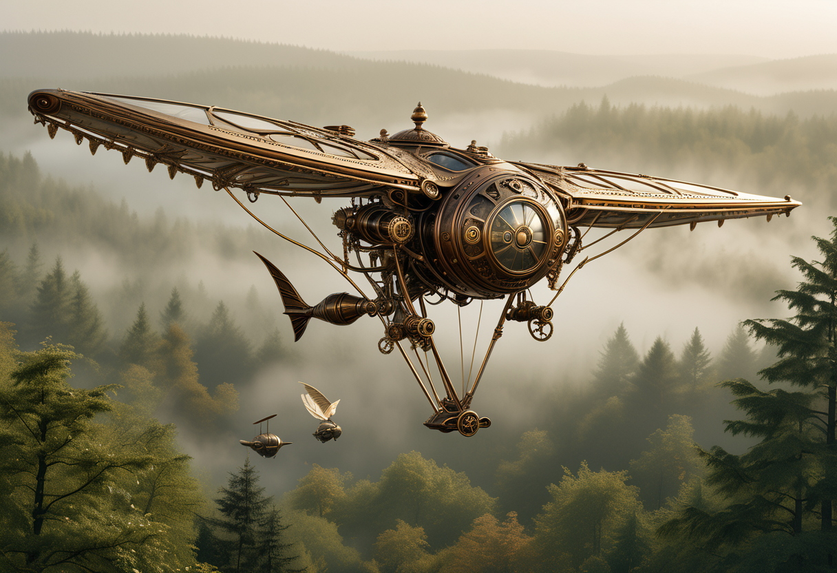 award winning, (professional photo) of (majestic medium-sized bronze steampunk ornithopter) with brass body, intricate gearwork,  adorned with steampunk emblems, the aircraft is flying over  a forested rural area, with dense woods, meandering trails, and the quiet serenity of the wilderness, in the fog, , creative, beautiful, vibrant, masterpiece, 64k, UHD, HDR, full view, atmospheric lighting, extremely detailed