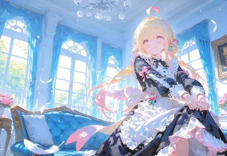 ((poised bow,eye level shot,hands lifting dress,smile,front view, negative space:1.5))
1 girl, short and petite,(blonde hair:1.3), (vibrant pink accents hair:1.1),fair skin,pink eyes, (sparkling eyes:1.1),ahoge,small wings ,floating feathers,(low twintails:1.3)
(Shoulderless sleeve,Black Victorian Maid outfit,hair bun:1.3),(bright victorian bedroom:1.5),(day:1.5)
(Bokeh around character:1.3),(character focus:1.2),((dynamic pose:1.4)),((foreshortening:1.6)),((extreme perspective:1.4))
748cmstyle,Cunnystyle,Smooth_Quality,amazing quality, ((aesthetic:1.3)),(bold lines:1.3),((4k,8k,Ultra HD)),((Masterpiece :1.2)),((Best quality :1.2)),((Detailed :1.5)),((Detailed background :1.5)),