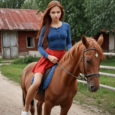 RiHorse, front_view++ (slim 25yo girl) riding a galloping horse. The girl wears red short skirt and blue shirt. The girl has long brunette hair <lora:RideHorse:1>