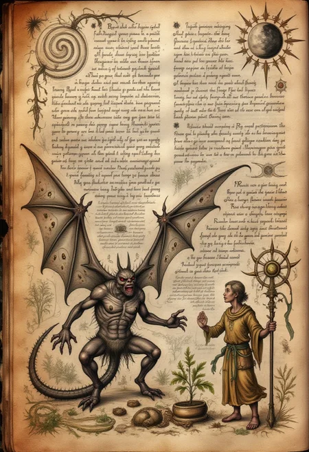 <lora:codex_arcanum_v20-360:1>, spllbkpg, On a heavily aged and tattered page, a monstrous creature with bat-like wings crouches, ready to pounce. Its body, covered in scales, has multiple eyes scattered across its chest and abdomen, all staring outward. In front of the creature, a figure in flowing robes holds a staff with a serpentine design, appearing to ward off the beast. The margins of the page are filled with spiraling symbols and jagged lines, forming a chaotic yet mesmerizing pattern. In the upper corner, an illustration of a sun partially eclipsed by a crescent moon adds a mystical touch to the scene.