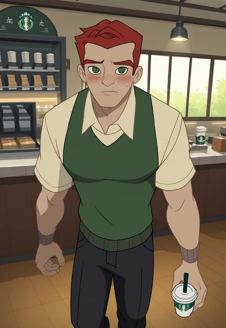 score_9, score_8_up, score_7_up, Absurdres, Intricate Details, Masterpiece, Best Quality, Expressiveh, source_cartoon, screencap, high quality cg, sz4d3k, dofus,
1boy, male focus, solo, plump pecs,
SpecStyle, SpecHarryOsborn, green eyes, short hair, red hair, sweater vest, short sleeves, black pants,
indoors, starbucks, dynamic angle, dim lighting, dynamic pose,
looking at viewer, blush lines,