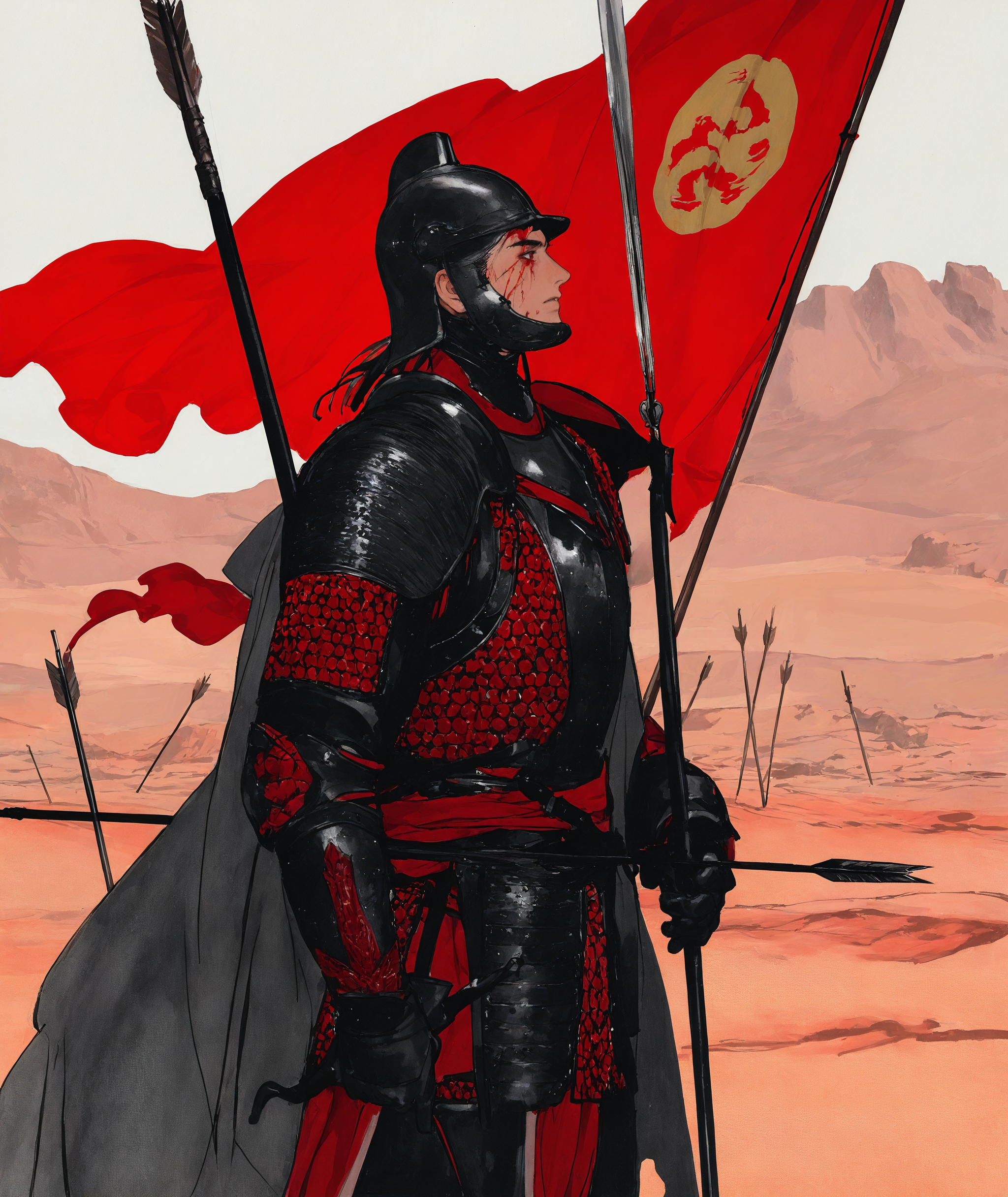 solo, 1male, strong male, eyes,  heavy armor, chinese armor, holding long spear, leaning on spear, ancient chinese flag, red theme, helmet, battle field, blade, desert, cape, (arrow on the ground), looking aside, from side, standing, scar on face, bleeding, 
traditional media, 
masterpiece, best quality, newest, absurdres, highres
 <lora:freehandink_NOOB1.0_V-PRED:1>