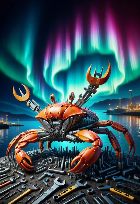 tools, made of tools, morph-aurora, 8k, analog photo, factory construction crab made of aurora, glowing, under sea aurora glowing background,