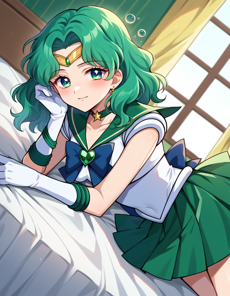 score_9, score_8_up, score_7_up, source_anime,
sailorneptune, <lora:sailor-neptune-ponyxl-lora-nochekaiser:1>
sailor neptune, green eyes, forehead jewel, green hair, medium hair, tiara,
brooch, choker, gloves, heart, heart brooch, jewelry, magical girl, sailor senshi uniform, skirt, star choker, white gloves, bow, green bow, green sailor collar, green skirt,
indoors, bed, bed room, on side, blush, drunk,
looking at viewer, cowboy shot, dutch angle,