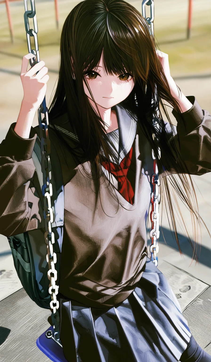<lora:HonnryouHanaru-Style>,
highres,absurdres,newest,very awa,masterpiece,best quality,year 2024,
(upper body:1.6),
1girl, solo, long hair, skirt, school uniform, swing, pantyhose, black pantyhose, black hair, pleated skirt, looking at viewer, serafuku, sitting, red neckerchief, sailor collar, neckerchief, long sleeves, outdoors, bag, closed mouth, black eyes, shirt, black shirt, black skirt, black serafuku, feet out of frame