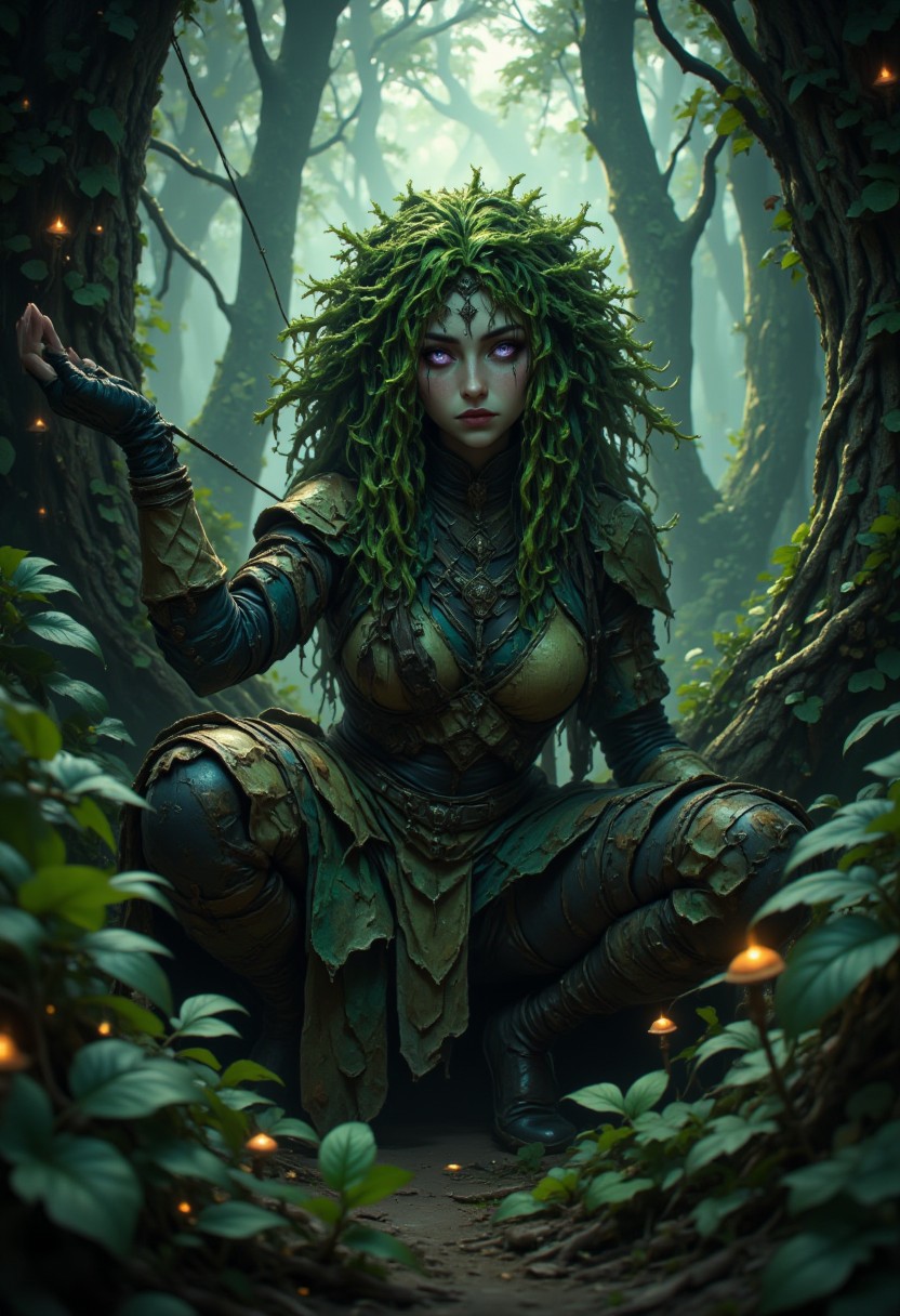 A fantasy archer hidden among the deep shadows of an ancient forest, her figure blending seamlessly with the surrounding foliage. She is viewed from the front, her piercing violet eyes glowing faintly in the dim light, scanning the scene with a predator’s focus. Her green hair, wild and moss-like, cascades around her face and shoulders, intertwining with the leaves and vines. The dappled sunlight filters through the canopy above, casting intricate patterns of light and shadow across her skin, making her almost indistinguishable from the forest itself. She wears a patchwork outfit designed for camouflage, crafted from leaves, bark, and scraps of fabric in earthy tones, perfectly suited for her woodland environment. A bow is held firmly in her hands, an arrow nocked and ready, its tip glinting faintly. The dense forest around her is alive with faint whispers of wind, the rustle of leaves, and the soft glow of bioluminescent fungi, emphasizing her silent, enigmatic presence
