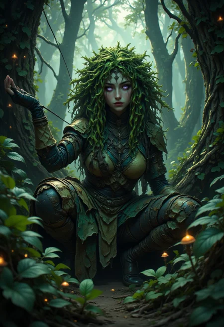 A fantasy archer hidden among the deep shadows of an ancient forest, her figure blending seamlessly with the surrounding foliage. She is viewed from the front, her piercing violet eyes glowing faintly in the dim light, scanning the scene with a predator’s focus. Her green hair, wild and moss-like, cascades around her face and shoulders, intertwining with the leaves and vines. The dappled sunlight filters through the canopy above, casting intricate patterns of light and shadow across her skin, making her almost indistinguishable from the forest itself. She wears a patchwork outfit designed for camouflage, crafted from leaves, bark, and scraps of fabric in earthy tones, perfectly suited for her woodland environment. A bow is held firmly in her hands, an arrow nocked and ready, its tip glinting faintly. The dense forest around her is alive with faint whispers of wind, the rustle of leaves, and the soft glow of bioluminescent fungi, emphasizing her silent, enigmatic presence
