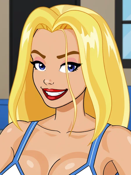 1girl, <lora:Charlie (Pornholio):0.65>, phcharlie, blonde hair, score_7_up, source_cartoon, smile, face, closeup