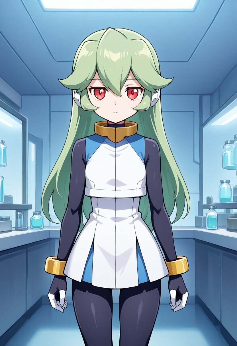1girl, solo, pandorazxa, reploidform, green hair, long hair, red eyes, robot ears, crop top, dress, sleeveless, bodysuit, bracelet, anklets, cowboy shot, indoors, laboratory, standing, straight on, expressionless,