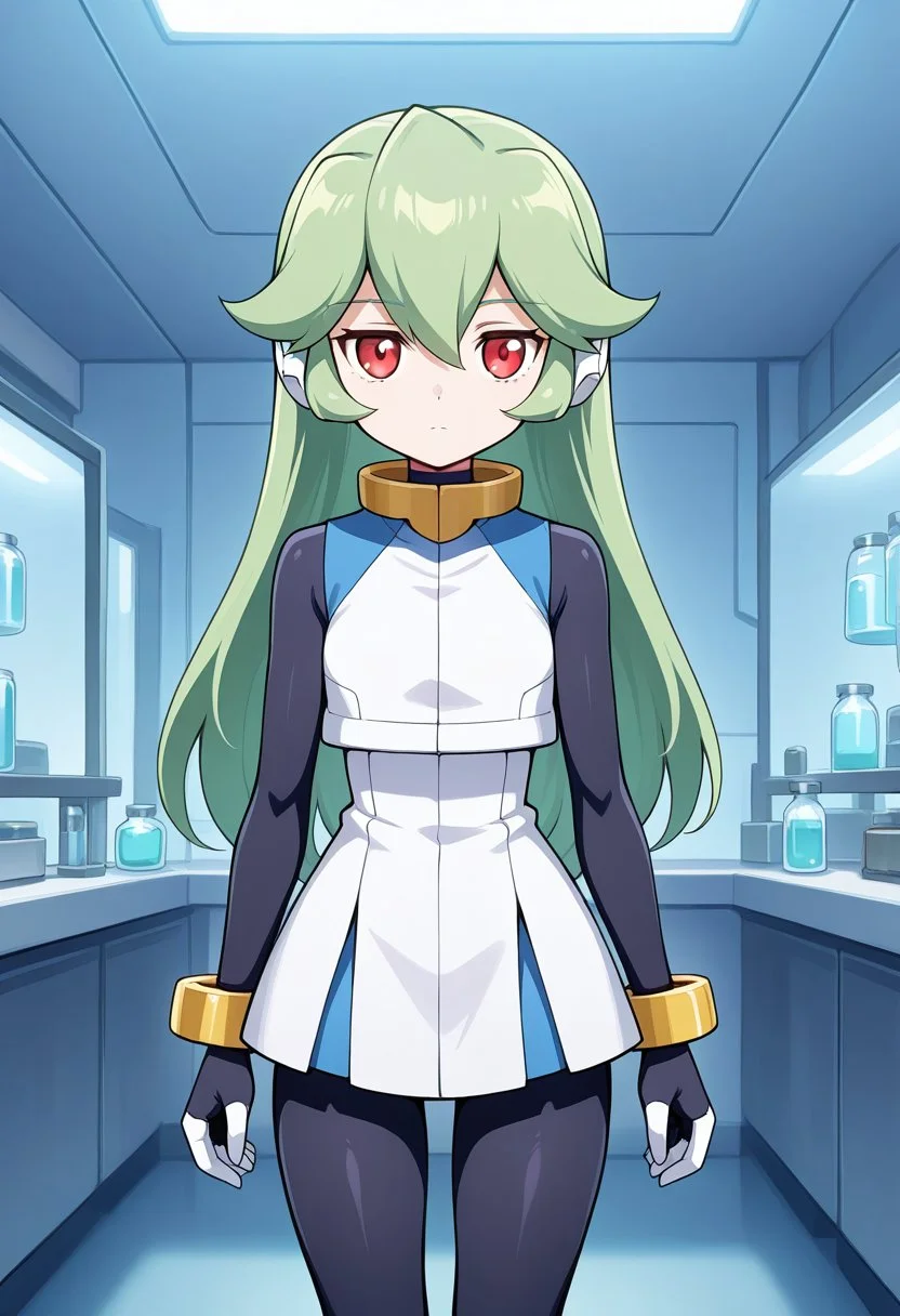 1girl, solo, pandorazxa, reploidform, green hair, long hair, red eyes, robot ears, crop top, dress, sleeveless, bodysuit, bracelet, anklets, cowboy shot, indoors, laboratory, standing, straight on, expressionless,