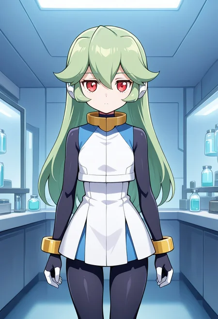 1girl, solo, pandorazxa, reploidform, green hair, long hair, red eyes, robot ears, crop top, dress, sleeveless, bodysuit, bracelet, anklets, cowboy shot, indoors, laboratory, standing, straight on, expressionless,