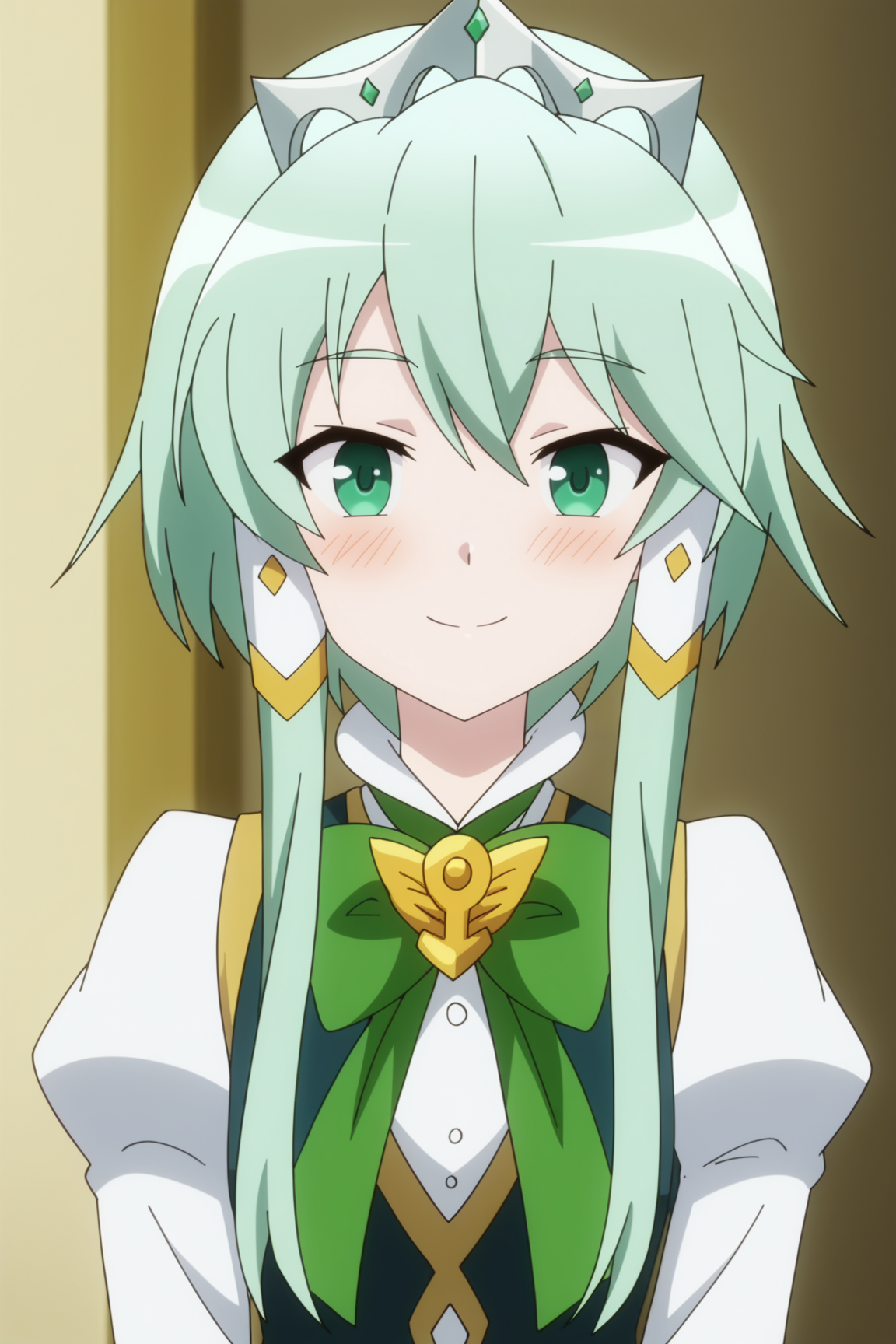 score_9, score_8_up, score_7_up, source anime, prefect lighting, very aesthetic, BREAK, anime coloring, anime screencap,
<lora:lucia_rea_regulus_v1-pdv6:1>,1girl, lucia rea regulus, isekai wa smartphone to tomo ni., green eyes, green hair, short hair with long locks, hair tubes,
luciaout, tiara, long sleeves, 
BREAK, looking at viewer, happy, blush, upper body, 
BREAK,âââ