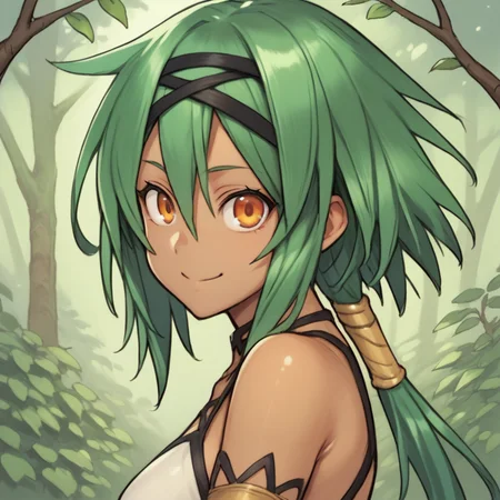 (score_9, score_8_up, score_7_up, score_6_up), source anime, BREAK, <lora:Kylier:0.7> , kylierdef, 1girl, (dark skin), green hair, low-tied long hair, long hair, orange eyes, (close-up, face), bare shoulders, breasts, looking at viewer, (solo), smile, closed mouth, <lora:zy_Detailed_Backgrounds_v1:0.5> , detailed background, highly detailed, outdoors, forest, trees, treetops, branches, <lora:4t4rXLP:0.65> , 4t4r,
