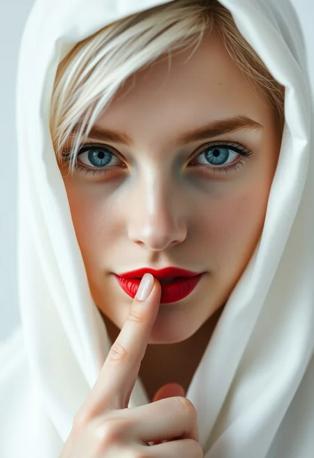 A captivating minimalist close-up portrait of a shy and alluring woman. the background is a canvas of white.  Her head is surrounded by a white silk hood that covers all but a wisp of platinum blonde hair. T. Her soft, bright red lips and piercing nordic  blue eyes contrast against the monochromatic background, drawing the viewer's attention. Her eyes hold a subtle, mysterious expression that exudes both haunting and enchanting vibes. The simplicity of the composition, with its stark contrast, evokes a sense of ethereal beauty. tip of finger on mouth. very slight smile. dilated pupils. vaseline lens effect