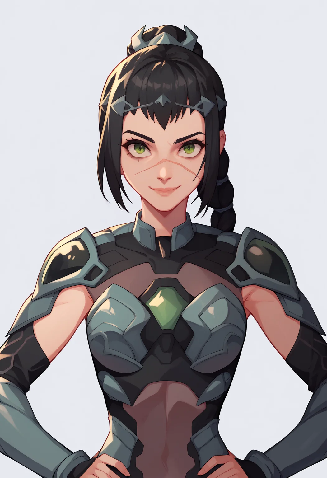score_9, score_8_up, 1girl, solo, shadowheart, black hair, braided ponytail, green eyes, scar on face,
astsuit, armor
upper body, looking at viewer, smile, hands on hips, simple background <lora:ShadowHeartXL:0.8> <lora:ASTsuitXL:1>