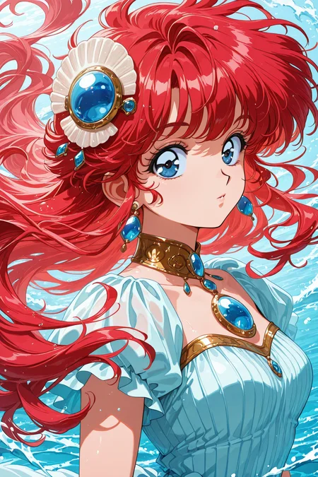 1girl,solo,red hair,long hair,blue eyes,looking at viewer,gem,jewelry,upper body,floating hair,bangs,water,shell,hair ornament,dress,retro artstyle,
<lora:hrn_yc_illustriousXL:0.8>,