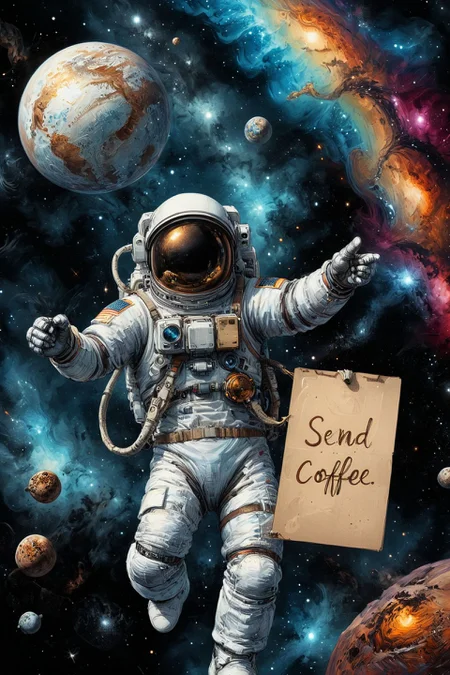 Astronaut floating in space, holding a sign that says "Send coffee"
(masterpiece, award winning artwork)
many details, extreme detailed, full of details,
Wide range of colors, high Dynamic
<lora:xl_more_art-full_v1:0.65>
<lora:InkArtXL_1.2:0.8> ink art, line art
<lora:EldritchMixIllustration_1.0:0.25>
<lora:xray:0.21>