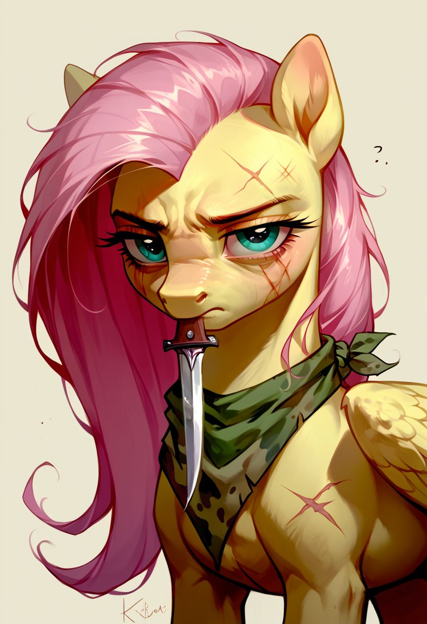 score_9, score_8_up, score_7_up, source_pony, solo, Fluttershy, looking at the viewer, (feral pony:1.5), scars, wings, tired, annoyed, camouflage bandana, black marks under eyes, holding knife in mouth, simple background, (detailed image, high resolution, 5k resolution:1.0), (horror art style:1.1)