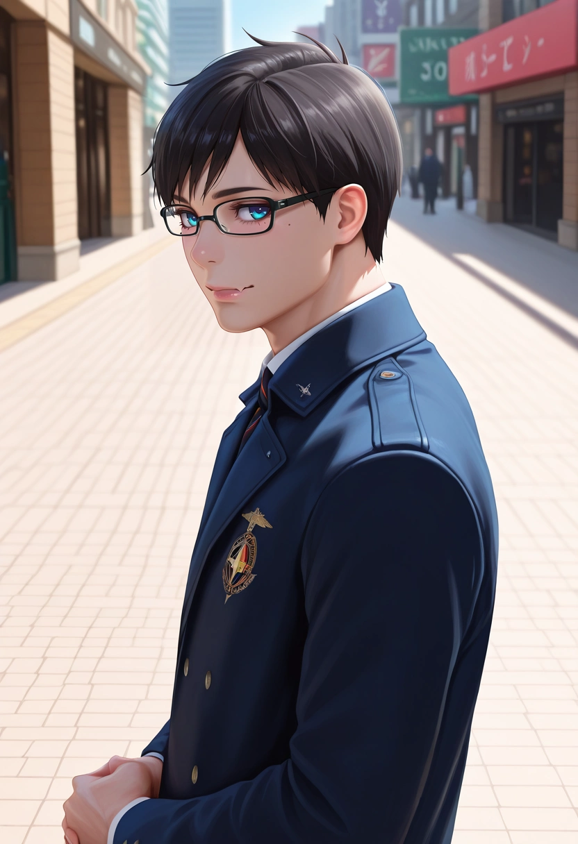 masterpiece, best quality, , (photorealistic:0.6), , 1boy, solo, male focus, <lora:yukio_okumura_ilxl:0.96>, yukio_okumura, black hair, blue eyes, mole, mole under eye, glasses, black-framed eyewear, from side, plaza, midnight, own hands together, skin fang,