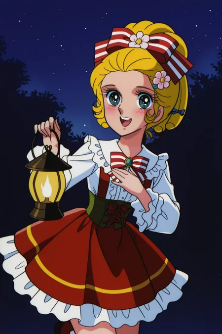 <lora:VersaillesnoBara:1>, VersaillesnoBara, retro artstyle, 1girl, lantern, frills, hair ornament, smile, open mouth, suspenders, skirt, looking at viewer, bow, striped bowtie, :d, holding lantern, red skirt, hand on own chest, long sleeves, ribbon, red bow, bowtie, hair ribbon, frilled skirt, striped bow, shirt, white shirt, blush, red bowtie, suspender skirt, frilled sleeves, frilled shirt collar, blue ribbon, corset, hairclip, cross-laced clothes, striped clothes, standing, jewelry, flower, hair flower, standing on one leg, frilled shirt, brooch, night,