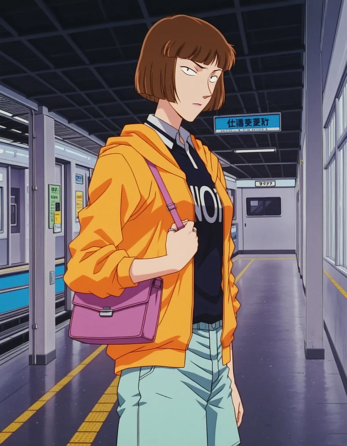 1girl,solo,masterpiece,best quality,anime screenshot, 1990s \(style\),
<lora:kira_hasue_conan_v1_IL:0.9>,kira hasue,short hair,brown hair,blunt bangs,bob cut,purple lips,ring,black eyes,tsurime,(sanpaku:1.5),orange hooded jacket,long sleeves,black englishtext shirt,open clothes,collared polo shirt,aqua shorts,purple shoulder bag,
<lora:dmd2_sdxl_4step:1>,cowboy shot,looking at viewer, closed mouth, indoors, standing,train station, (from side:0.5),