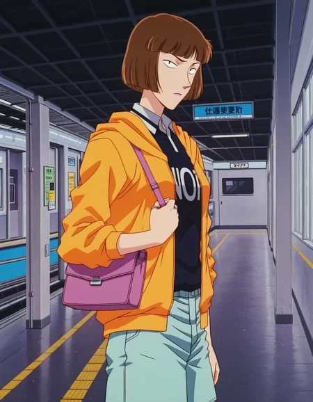 1girl,solo,masterpiece,best quality,anime screenshot, 1990s \(style\),
<lora:kira_hasue_conan_v1_IL:0.9>,kira hasue,short hair,brown hair,blunt bangs,bob cut,purple lips,ring,black eyes,tsurime,(sanpaku:1.5),orange hooded jacket,long sleeves,black englishtext shirt,open clothes,collared polo shirt,aqua shorts,purple shoulder bag,
<lora:dmd2_sdxl_4step:1>,cowboy shot,looking at viewer, closed mouth, indoors, standing,train station, (from side:0.5),