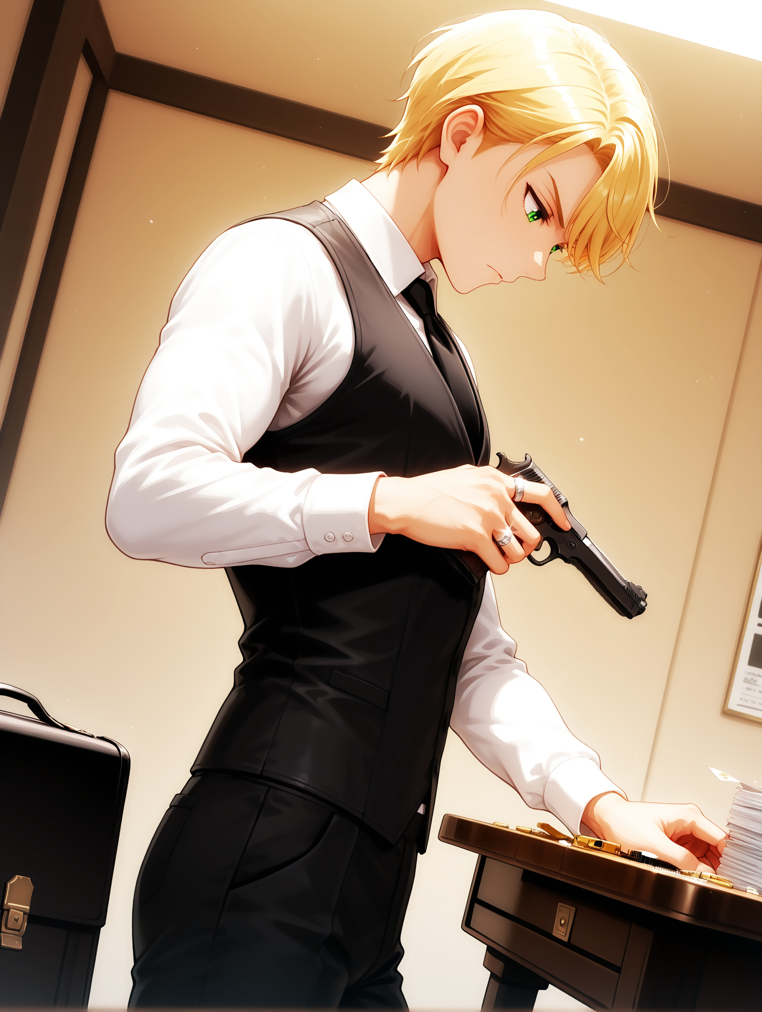 masterpiece, very aesthetic, best quality, solo, dynamic angle, amazing quality, 25 years old, masculine, fit body, male, imtdfelixfathom, 1boy, blonde hair, vest, short hair, shirt, necktie, green eyes, black vest, white shirt, long sleeves, pants, formal, black necktie, collared shirt, waistcoat, swept bangs, ring, cowboy shot, combing hair, comb, black comb, serious, from side, looking away, looking down, in front of a table, table, briefcase full of bills on the table, gun on the table, pack of cigarettes on the table, looking at the table