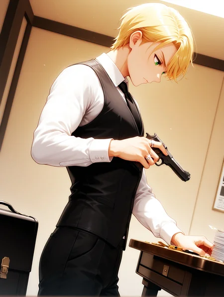 masterpiece, very aesthetic, best quality, solo, dynamic angle, amazing quality, 25 years old, masculine, fit body, male, imtdfelixfathom, 1boy, blonde hair, vest, short hair, shirt, necktie, green eyes, black vest, white shirt, long sleeves, pants, formal, black necktie, collared shirt, waistcoat, swept bangs, ring, cowboy shot, combing hair, comb, black comb, serious, from side, looking away, looking down, in front of a table, table, briefcase full of bills on the table, gun on the table, pack of cigarettes on the table, looking at the table