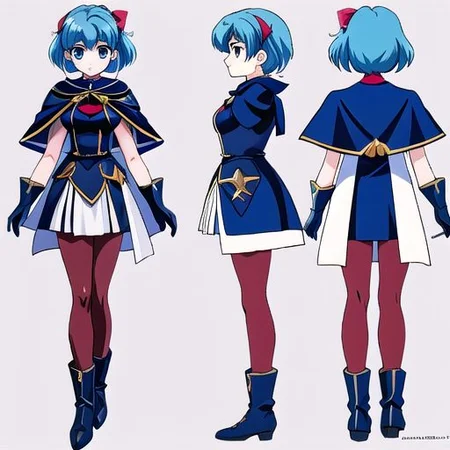 anime, 1990s (style), retro artstyle, princess, woman, blue hair, hair tied up, blue eyes, medieval fantasy, short red cape, light blue pantyhose, blue large boots with a yellow marks, large gloves, model sheet, simples background, chara-sheet