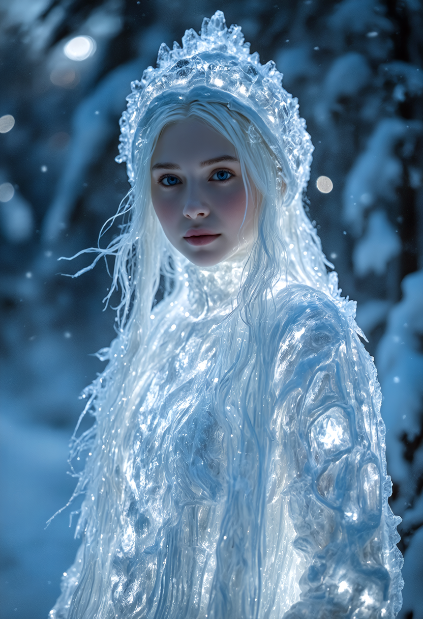 close-up portrait of a magical winter wonderland at night, an exquisite snow maiden appears, wearing christmassweater, Her flawless figure is intricately crafted from ice crystals that sparkle in the moonlight, she stands tall amidst the frozen trees, her delicate features perfectly preserved by the frozen tundra, when approached she seems to come alive with an otherworldly ethereal glow, style of Agnes Cecile, style of Ilya Kuvshinov,  <lora:Fluxartis 28.11A>, <lora:flux/ARTifacts>,