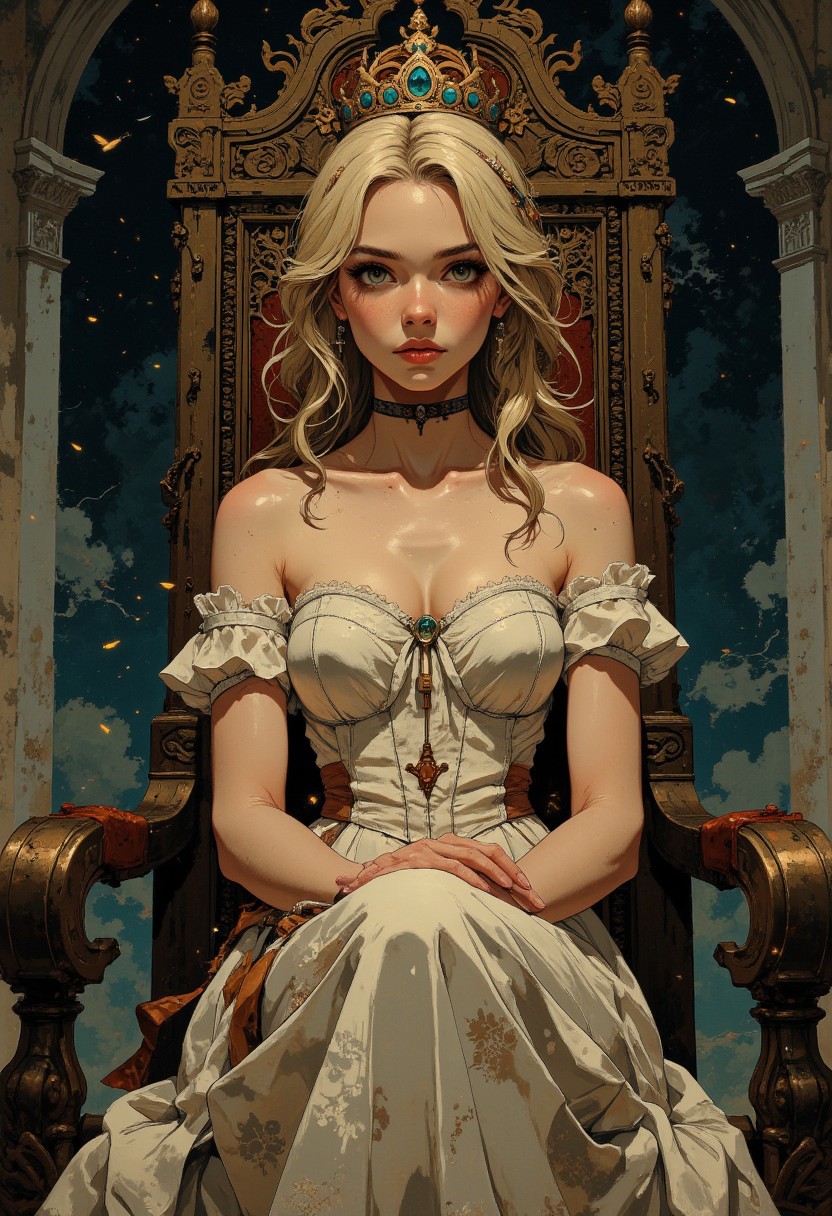 A regally youthful Teen queen is sitting on a throne with her legs crossed, her presence exudes a captivating mix of innocence and power: golden curls cascading in delicate waves, soft peachy cheeks touched by a hint of blush, and piercing sapphire eyes that seem to hold a world of secrets. This stunning portrait, likely a painting, perfectly captures the ethereal beauty and inner strength of the young monarch. The level of detail is impeccable, with every brushstroke enhancing the intricate lace of her gown and the shimmering jewels adorning her crown. The overall composition is breathtaking, evoking a sense of majesty and grace that transcends mere teenage years.