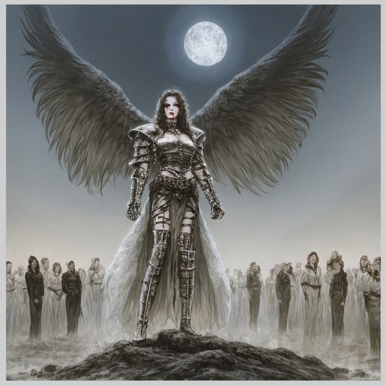 This image portrays a striking and dramatic scene featuring a fierce warrior woman kneeling in a dark, desolate environment. Her pale skin contrasts sharply against the black background, making her appear almost ghostly. She wears a revealing battle-worn outfit consisting of fishnet stockings, thigh-high bands, and a woven top, all of which emphasize her raw, primal aesthetic. Her face is adorned with bold red makeup—deep crimson lips and intense eyeshadow—adding to her fierce and almost supernatural presence. Blood stains mark her body, hinting at a recent battle or struggle. She grips a long, brutal-looking spear with a jagged, blood-soaked tip, resting it heavily on the ground where a pool of blood spreads beneath her. The overall atmosphere is dark and moody, with a fine art, gothic-fantasy feel, reminiscent of classic Luis Royo or Frank Frazetta illustrations. The dramatic lighting and high contrast enhance the intensity of the composition, giving it an almost mythological or vampiric quality. Luis royo arts tyle
