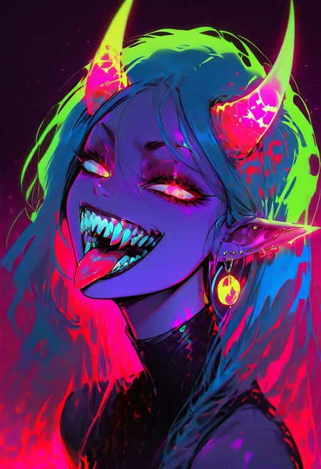 (masterpiece, best quality, good quality, very aesthetic, absurdres, newest:1.2), 1girl, solo, long hair, open mouth, simple background, jewelry, blue hair, upper body, earrings, horns, teeth, tongue, pointy ears, tongue out, pink eyes, makeup, fangs, piercing, pink background, demon girl, sharp teeth, demon horns, ear piercing, eyeshadow ,<lora:GlowingNightmare_NAI:1.0>,