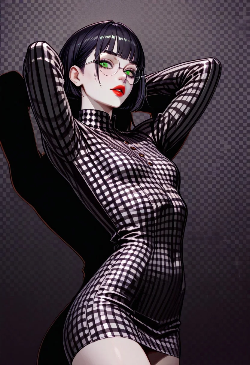 masterpiece, best quality, 32k, high resolution, absurdres, JeddtlIL, dtlys, hyper-detailed, Polly, PollyRH, short hair, bobcut, black hair, bangs, green eyes, small breasts, almost flat chest, slim, pale skin, big round eyeglasses, clear eyeglasses lenses, red lipgloss, black and white background, Checkered background, checkered tube dress, red and black dress, tight dress, pinup pose, shadow, aesthetic, cowboy shot, hands behind head, parted lips, dynamic shot,