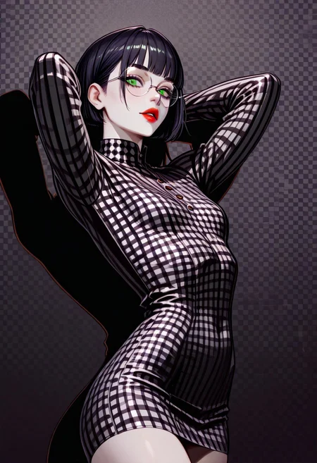 masterpiece, best quality, 32k, high resolution, absurdres, JeddtlIL, dtlys, hyper-detailed, Polly, PollyRH, short hair, bobcut, black hair, bangs, green eyes, small breasts, almost flat chest, slim, pale skin, big round eyeglasses, clear eyeglasses lenses, red lipgloss, black and white background, Checkered background, checkered tube dress, red and black dress, tight dress, pinup pose, shadow, aesthetic, cowboy shot, hands behind head, parted lips, dynamic shot,