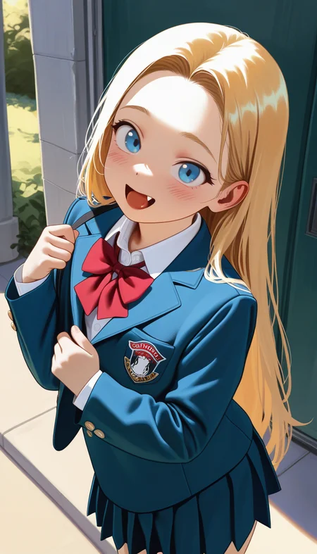 (masterpiece, best quality), amazing quality, very aesthetic, absurdres, highres, newest, HDR, 8K, chiaroscuro, impasto, intrinsic light, luster, shiny color, strong coloring, masterful shading,
1girl, sasha \(haguhagu\), blue eyes, blonde hair, open mouth, fang, white school uniform, red bowtie, blue jacket, shirt, collared shirt, blazer, long sleeves, blue skirt, pleated skirt,
