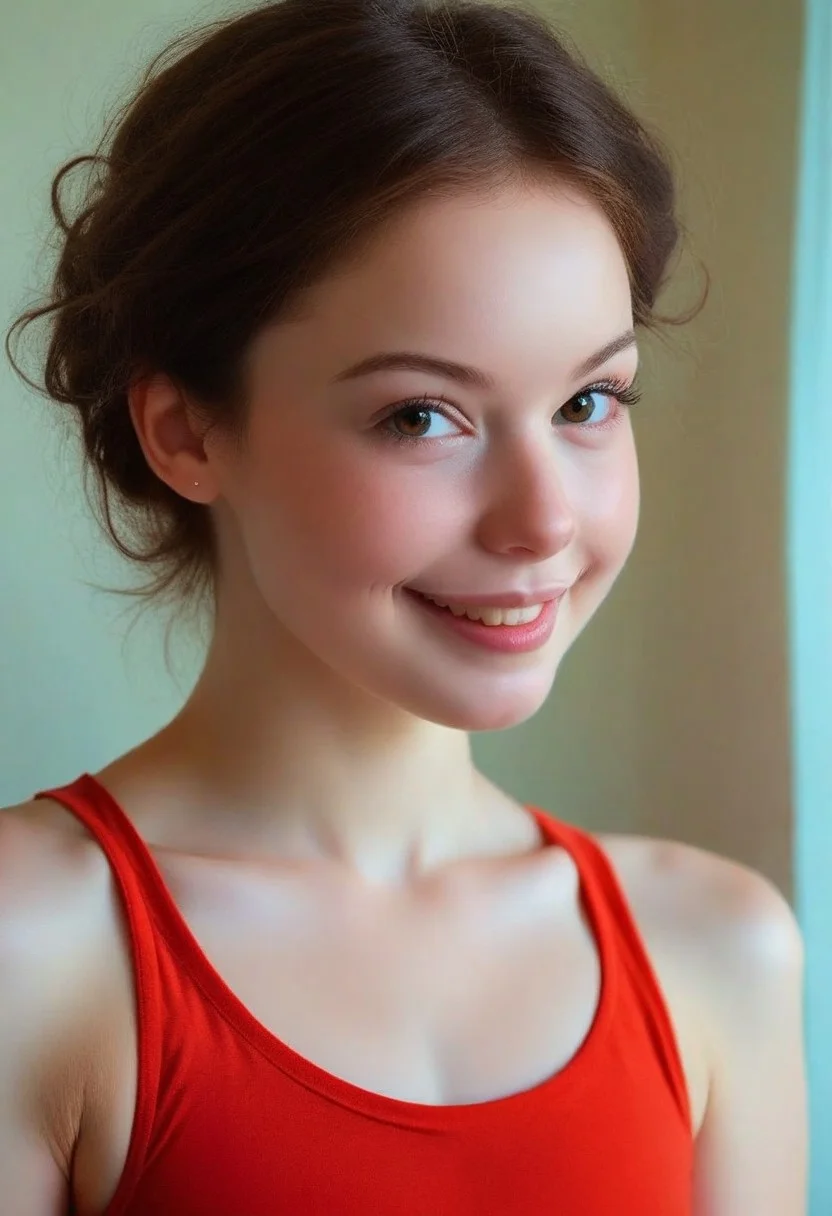 score_9, score_8_up, score_7_up, wide shot, high quality, best quality, photorealistic, sunny, gorgeous shot BREAK 18 year old, 
brunette, cute, big eyes, soft jaw, cute smile, small mouth, plump lips, very plump lips, very small mouth, barely, small nose, neoteny, barely 2, amused, smiling, european, 
th1ntt0png, red tank top2.1, 
fresh skin, goosebump skin, pale skin, 7-cgifaces, skinny, petite, detailed eyes, skinny, flat chested, very widset eyes, very small mouth, very plump lips, cut smile