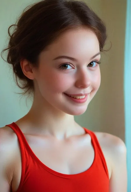 score_9, score_8_up, score_7_up, wide shot, high quality, best quality, photorealistic, sunny, gorgeous shot BREAK 18 year old,
brunette, cute, big eyes, soft jaw, cute smile, small mouth, plump lips, very plump lips, very small mouth, barely, small nose, neoteny, barely 2, amused, smiling, european,
th1ntt0png, red tank top2.1,
fresh skin, goosebump skin, pale skin, 7-cgifaces, skinny, petite, detailed eyes, skinny, flat chested, very widset eyes, very small mouth, very plump lips, cut smile