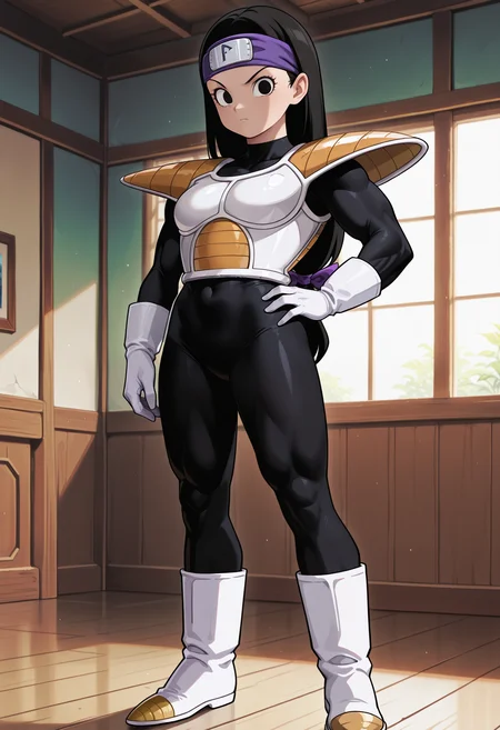 Tsch, 1girl, black hair, low-tied long hair, black eyes, purple bow, forehead protector, white saiyan armor, shoulder pad, black bodysuit, white gloves, white boots, muscular, hand on hip, looking at viewer, indoors, best quality, very aesthetic, masterpiece,