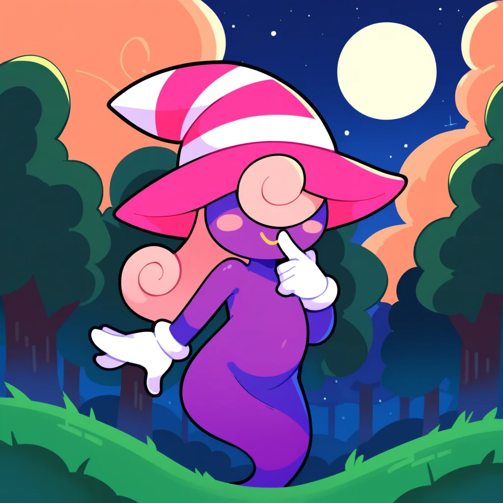 score_9, score_8_up, score_7_up, score_6_up, source_anime, best quality, night, orange sky, forest, trees, full moon, BREAK 1girl, solo, vivian_(\paper_mario\), purple body, pink hat, witch hat, gloves, ghost, no legs, pink hair, long hair, no eyes, smile, looking at viewer, hand on face, cowboy shot, <lora:PDXL_Vivian_PM:1>