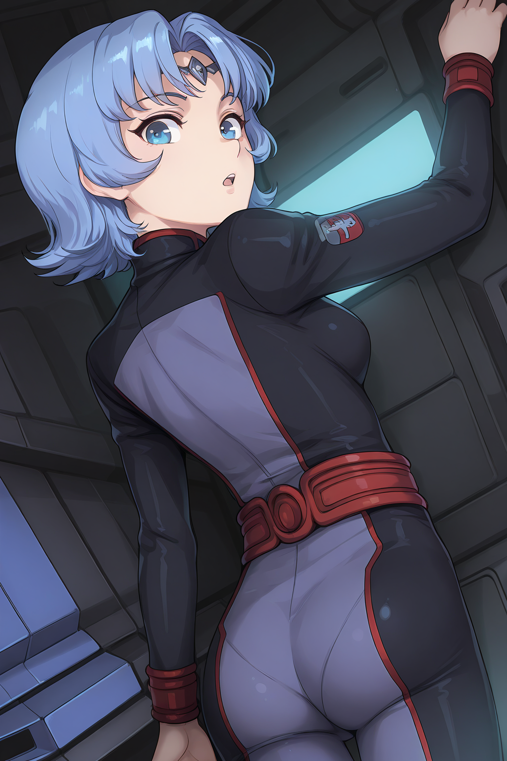 1girl, ETHairstyle, ETOutfit,
general, solo, perspective, dynamic angle, from behind, half body,
comic style,
blue hair, blue eyes, eyelashes,
circlet, multicolored bodysuit, emblem, red belt,
pose, looking at viewer, open mouth,
science fiction, starcraft,
depth of field,
<lora:kp_EkuryuaSeikaiIllustrious_v1_0:1.0>,
masterpiece, best quality, amazing quality