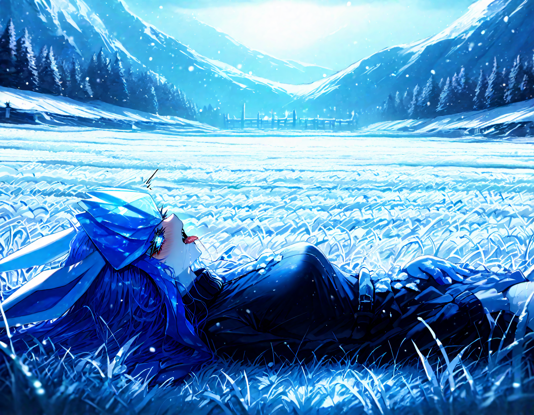 pokemon, glaceon , 1girl, ban! \(bansankan\):0.7, quasarcake:0.8, wlop:0.9, animal_ears ,animal_nose,blue_fur ,blue_hair ,blue_sclera, blue_sky ,blue skin,blue_theme, blurry, blush, body_fur, breasts,colored_sclera, cowboy_shot ,  fang, furry ,furry_female,  happy , medium breasts, looking_down , nose_blush, outdoors, personification ,pokemon_(creature),long_hair, shiny_skin ,sidelocks,sky, smile, solo ,sweat , tail ,white_eyes, long_sleeves, black_shirt ,black dress,leg_ribbon, ,
 pov, looking at viewer, lying, tongue ,tongue_out , open mouth, saliva,saliva_trail ,saliva_drip ,on back, licking ice,
snowy, snow, outdoors, field, mountain, cloudy sky, trees, fr0stwrld, ice ,
masterpiece, best quality, Good quality, very aesthetic, absurdres, newest, (Perfect details), solo,
<lora:Fr0stWrld4:0.7>, <lora:ponyv5_noobV065S_1_adamW:0.8>, <lora:illustrious_noobai_epsilon_pred_1_best_quality_v1:0.7> ,<lora:illustrious_noobai_epsilon_pred_11_very_aesthetic_v1:0.7> ,<lora:illustrious_noobai_epsilon_pred_1_masterpieces_v1:0.7>