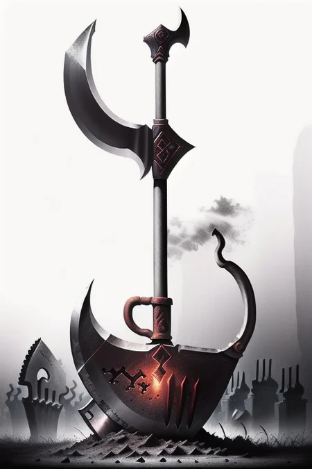 White background, 
"Masterpiece, highest quality, (Shovel-Axe hybrid:1.3) with (glowing runes:1.2) etched on the blades, intricate design, (dark wood handle:1.1), rare magical weapon, detailed craftsmanship, (eerie aura:1.2), professional photography, by Annie Leibovitz, soft lighting, high contrast, vivid colors, (graveyard background:1.0), misty atmosphere, enchanting glow."