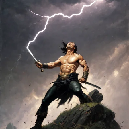 <lora:fr4z3tt4:0.4>fr4z3tt4  man raises sword to sky and gets struck by lightning