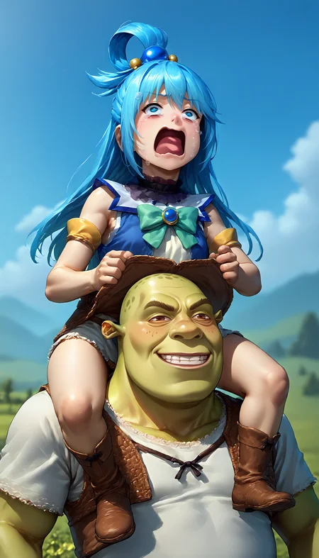 score_9, score_8_up, score_7_up, source_anime, carrying, on shoulders, shoulder carry, <lora:Carrying_XLPD:0.55>,
BREAK solo, aqua \(konosuba\), <lora:concept_aquascreaming_ponyXL:1> aquascreaming, screaming, open mouth, crying with eyes open, 1girl, blue hair, blue dress, full body,
BREAK <lora:AnyasHehFaceMeme_XLPD:1> IncrsAnyasHehFaceMeme, grin, <lora:Shrek_XLPD:0.7> shrek, green skin, 1boy,