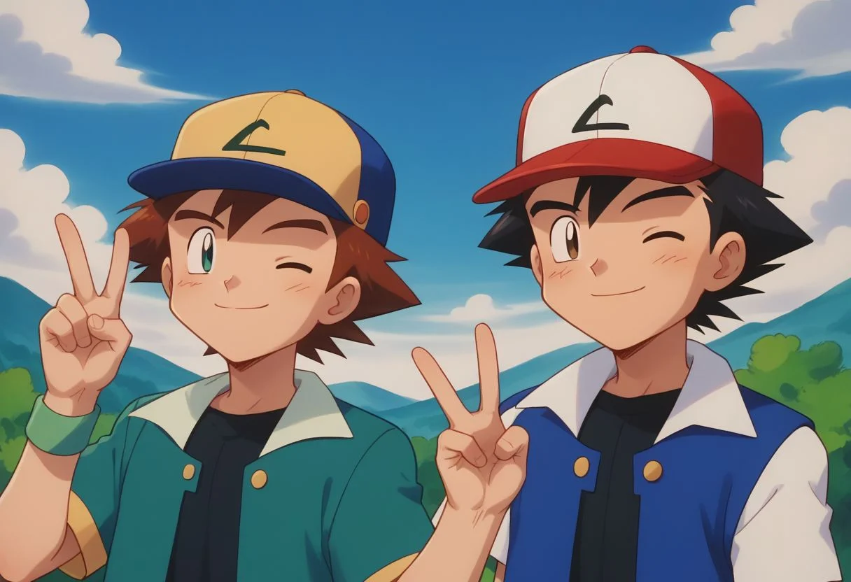 score_9, score_8_up, source_anime, highly detailed, 2boys, skinny
ash3, 1boy, hat, male focus, baseball cap, black hair, jacket, shirt, black shirt, smile, v sign, BREAK
richie2, 1boy, hat, smile, baseball cap, closed mouth, brown hair, short hair, wink, BREAK
outdoor, posing for a photo, upper body,
