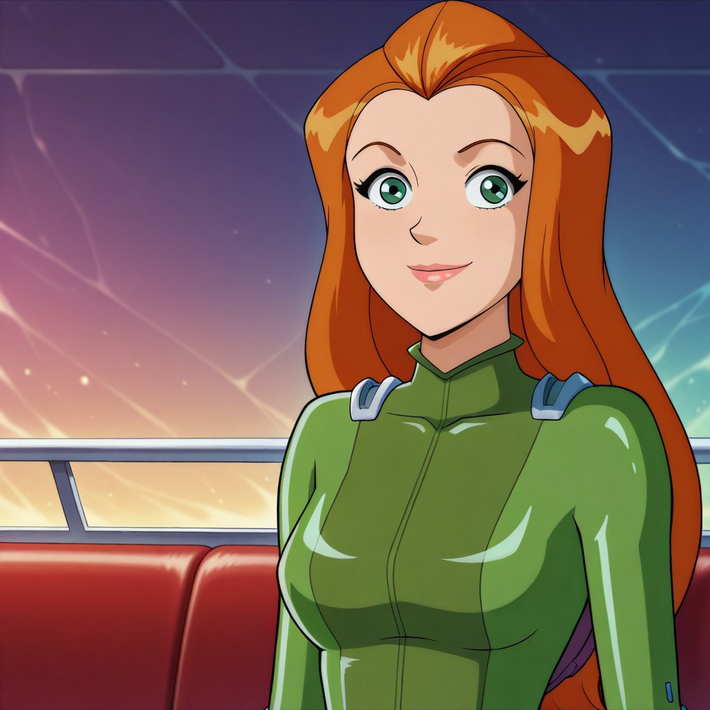masterpiece, best quality, good quality, 1girl, solo, parody, season6-style, sam_totally_spies, long hair, orange hair, green eyes, green bodysuit, sexy, medium breasts, beautiful, detailed, high detailed, very beautiful, detailed face, detailed eyes, detailed hand, abstract background, neon, smile, happy, looking at viewer, face focus, (close-up)