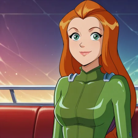 masterpiece, best quality, good quality, 1girl, solo, parody, season6-style, sam_totally_spies, long hair, orange hair, green eyes, green bodysuit, sexy, medium breasts, beautiful, detailed, high detailed, very beautiful, detailed face, detailed eyes, detailed hand, abstract background, neon, smile, happy, looking at viewer, face focus, (close-up)