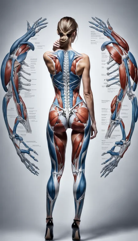 a (slender:0.3) ((handsome woman with a full (body art made of photorealistic drawing of anatomy of human muscule ))), close waist back view, best quality, sharp clear art