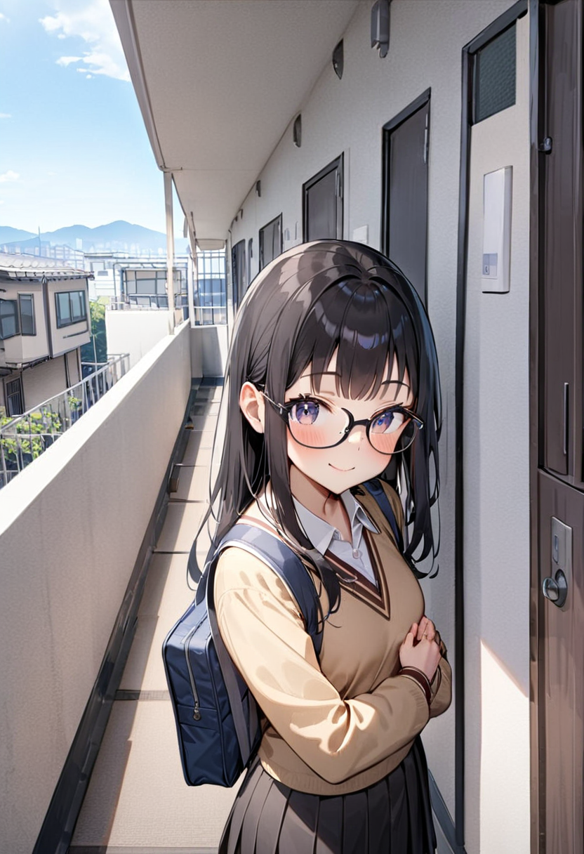 masterpiece, best quality, very aesthetic, absurdres,
1girl, glasses, black hair, long hair, school uniform, school bag, smile, blush, solo focus, standing, looking at viewer, 
rouka, hallway, scenery, window, building, day, sky, door, outdoors, blue sky, cityscape, city, real world location, 
 <lora:JProuka_apartment_hallway_SDXL_V1:1>